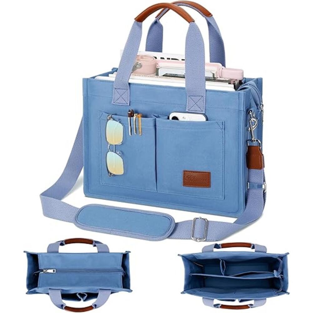 New Kkxiu Denim Blue Canvas Oversized Zip Up Many Compartments CrossbodyTote Bag
